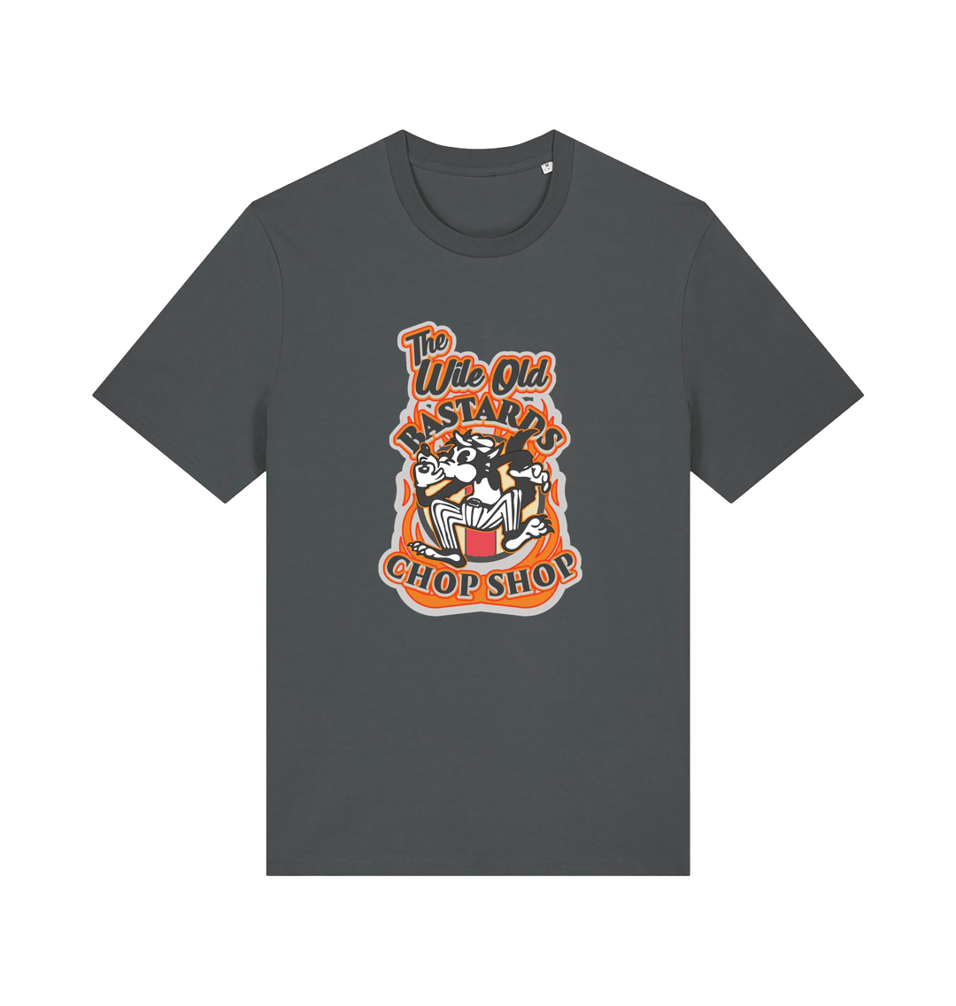 grey graphic t-shirt with a retro cartoon cat and the slogan 'the wile ole bastards chop shop'