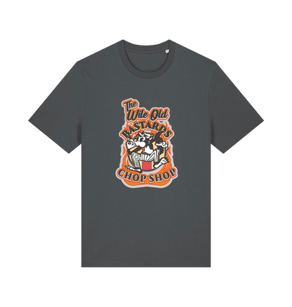 grey graphic t-shirt with a retro cartoon cat and the slogan 'the wile ole bastards chop shop'