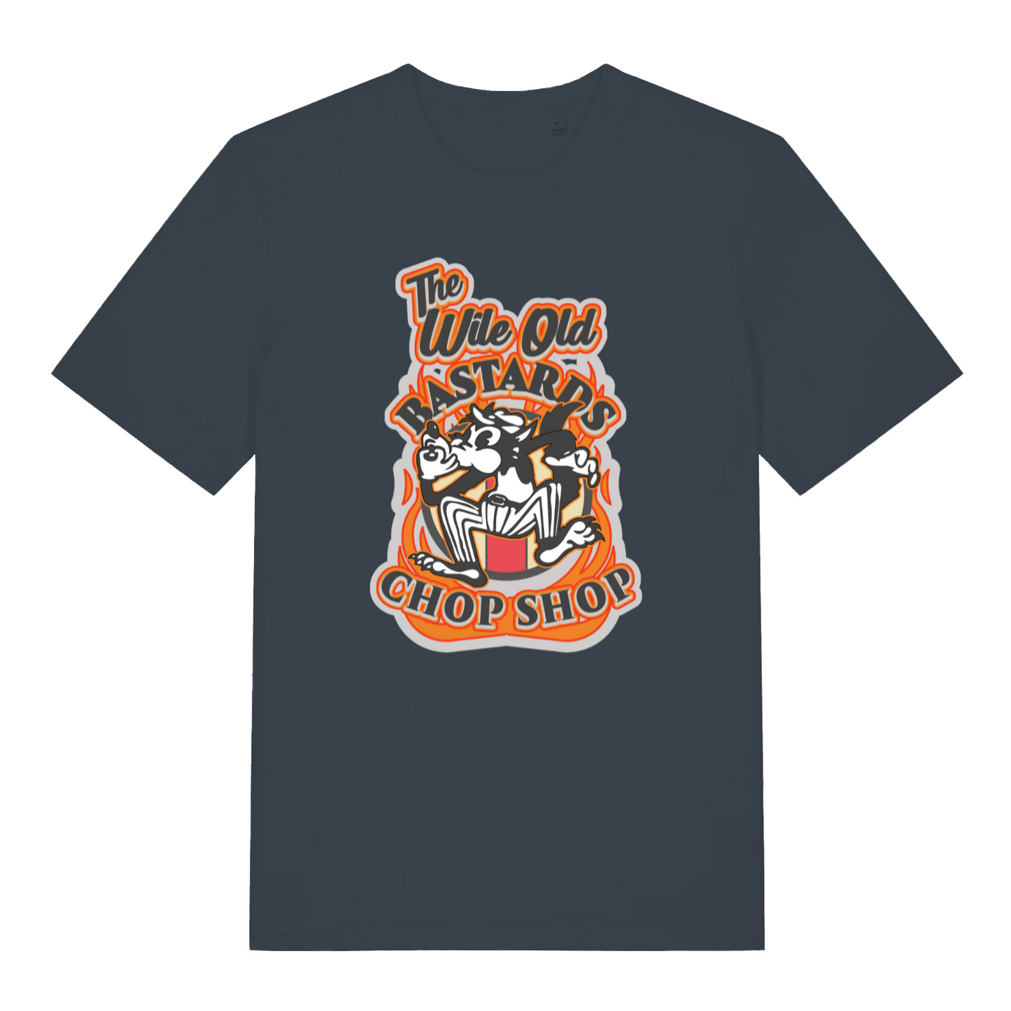 ink grey graphic t-shirt with a cat design and the slogan 'the wile ole bastards chop shop'