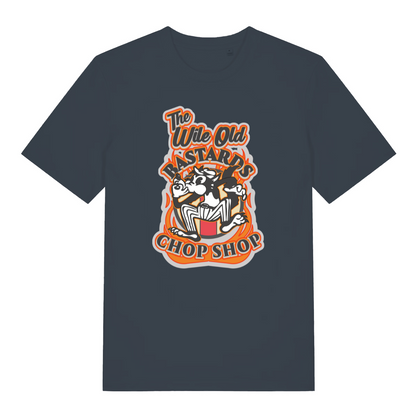 ink grey graphic t-shirt with a cat design and the slogan 'the wile ole bastards chop shop'