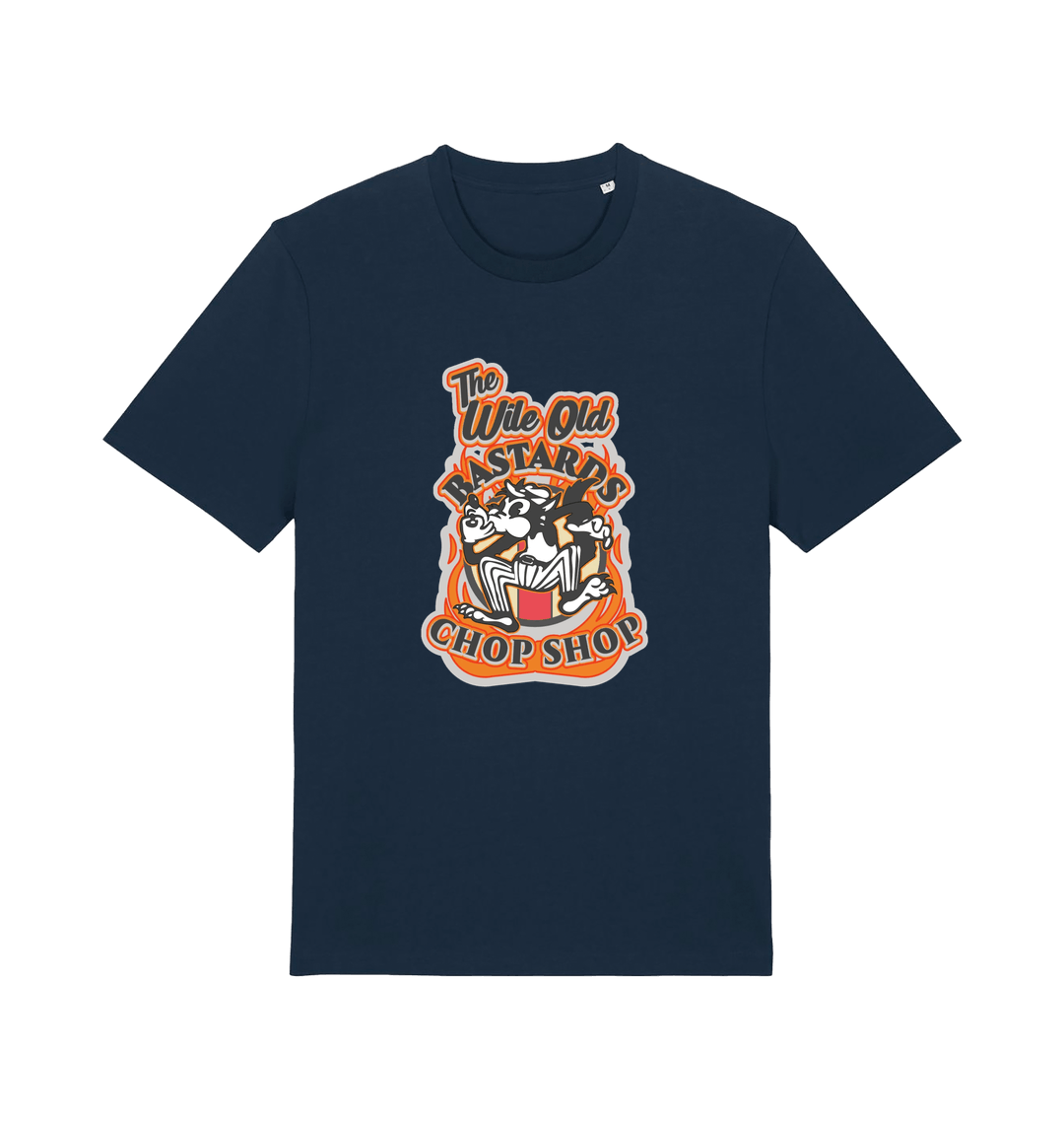 navy graphic t-shirt with a retro cartoon cat and the slogan 'the wile ole bastards chop shop'