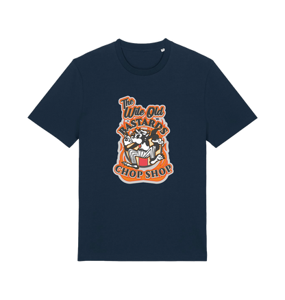 navy graphic t-shirt with a retro cartoon cat and the slogan 'the wile ole bastards chop shop'