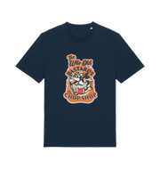 navy graphic t-shirt with a retro cartoon cat and the slogan 'the wile ole bastards chop shop'