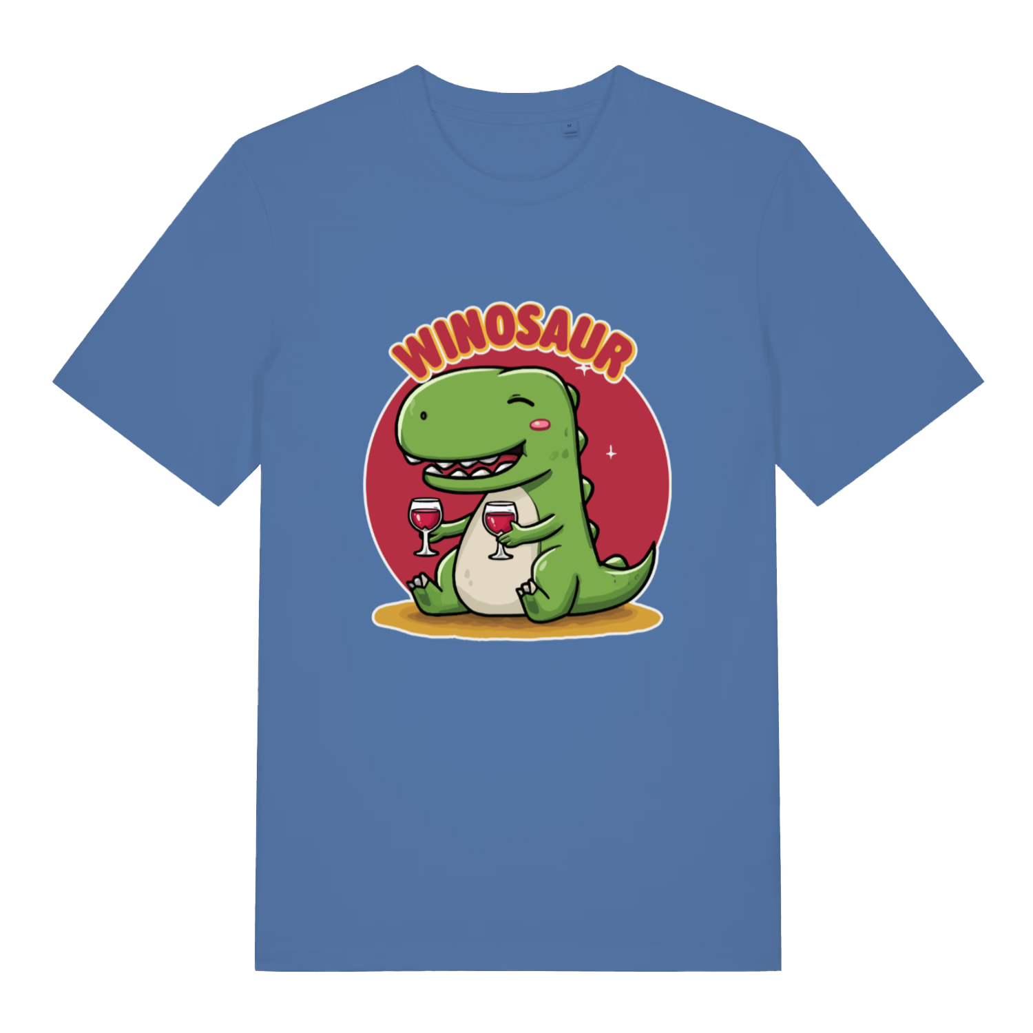 blue women's funny graphic t-shirt with a dinosaur design and the text 'winosaur'