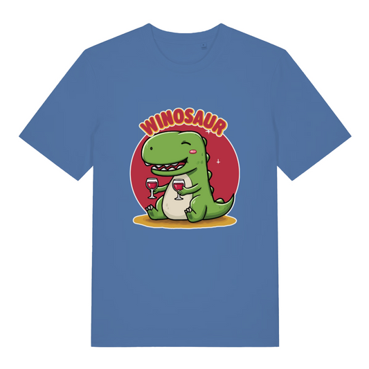 blue women's funny graphic t-shirt with a dinosaur design and the text 'winosaur'
