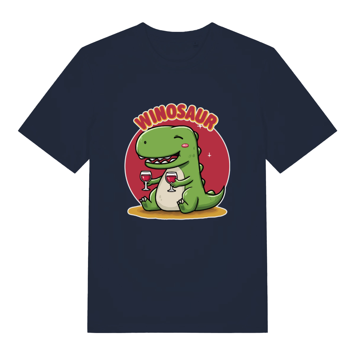 navy women's funny graphic t-shirt with a dinosaur design and the text 'winosaur'