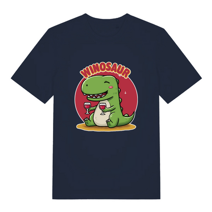 navy women's funny graphic t-shirt with a dinosaur design and the text 'winosaur'