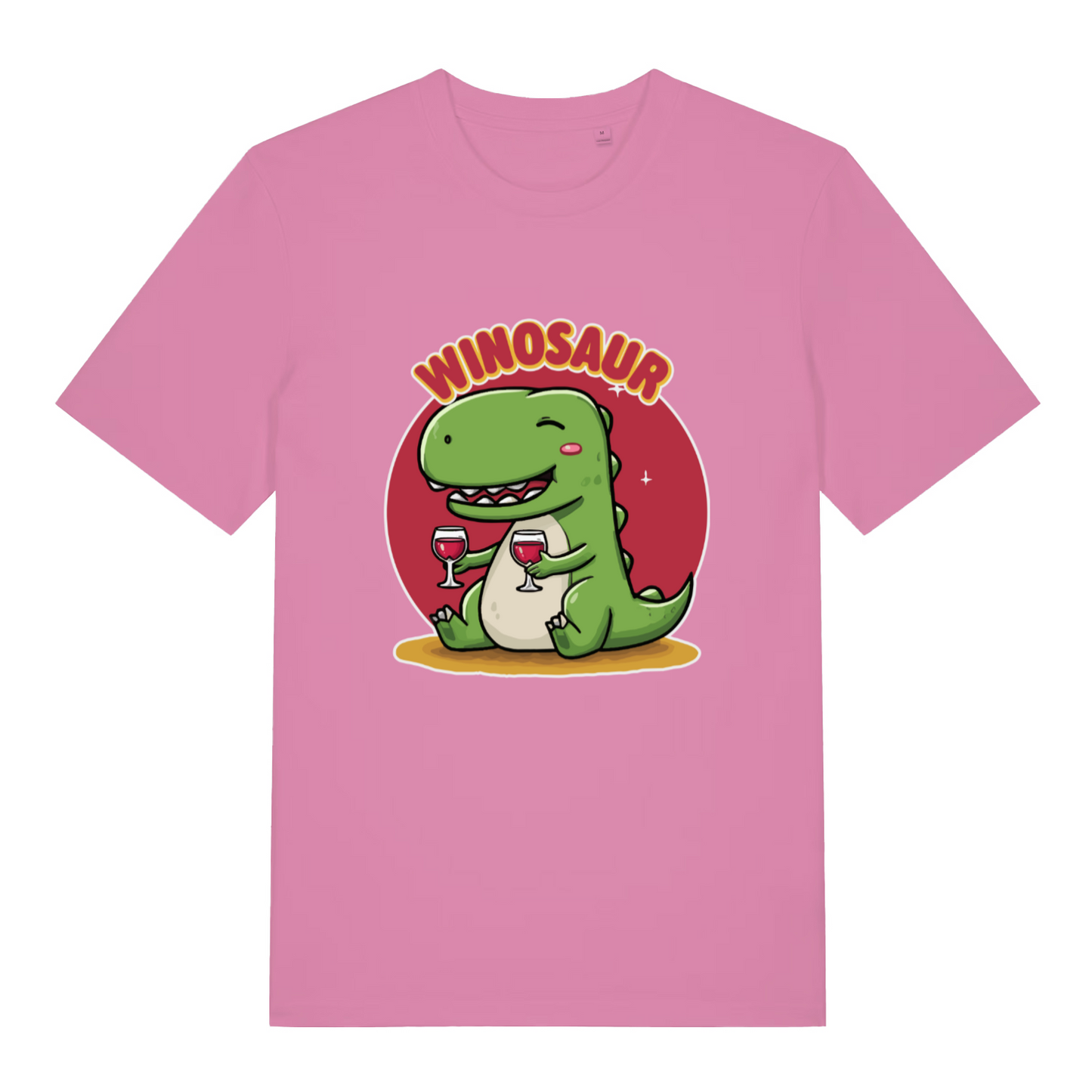 pink women's funny graphic t-shirt with a dinosaur design and the text 'winosaur'