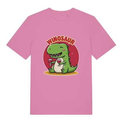 pink women's funny graphic t-shirt with a dinosaur design and the text 'winosaur'