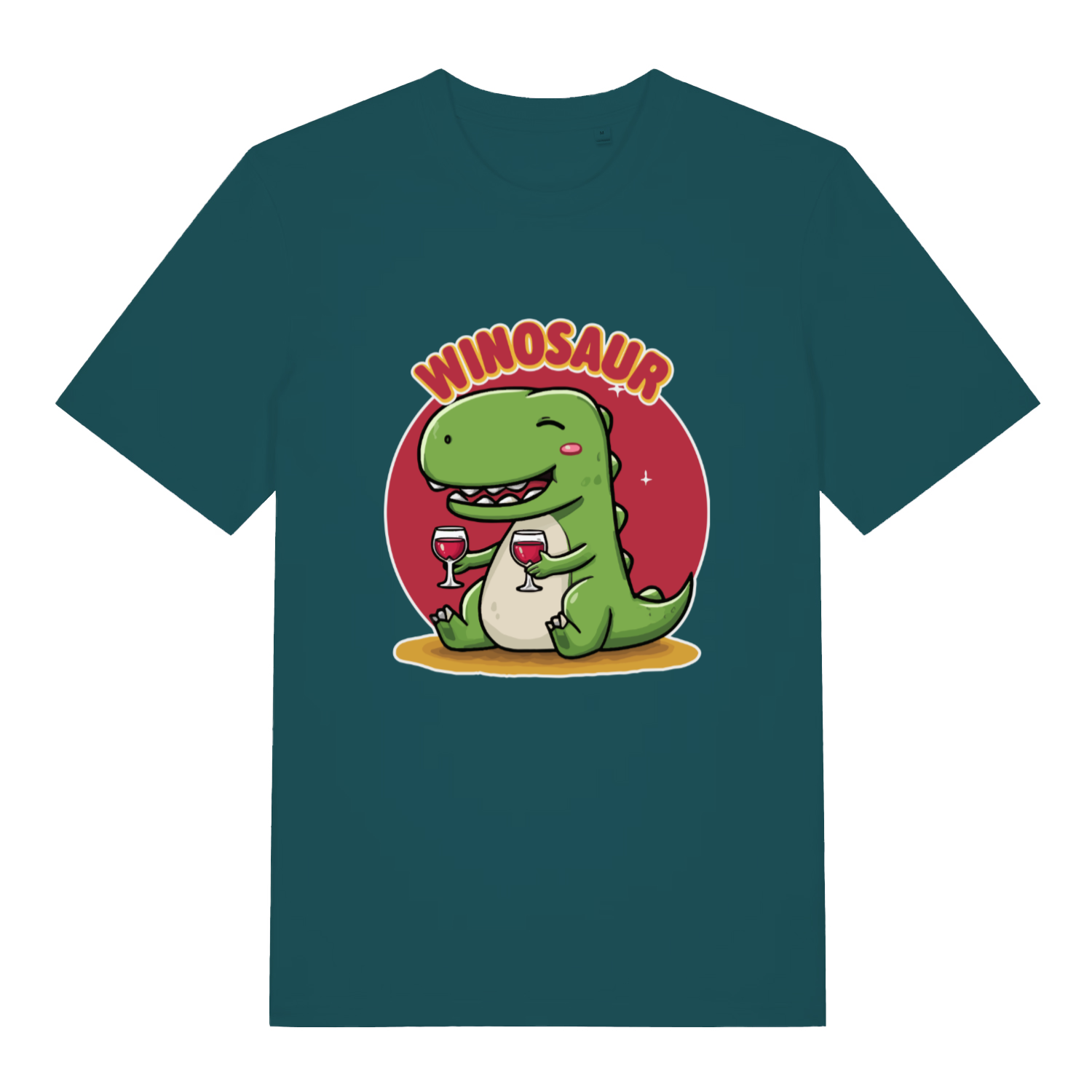 teal women's funny graphic t-shirt with a dinosaur design and the text 'winosaur'