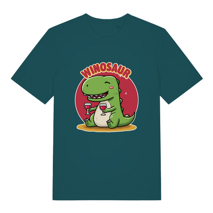 teal women's funny graphic t-shirt with a dinosaur design and the text 'winosaur'