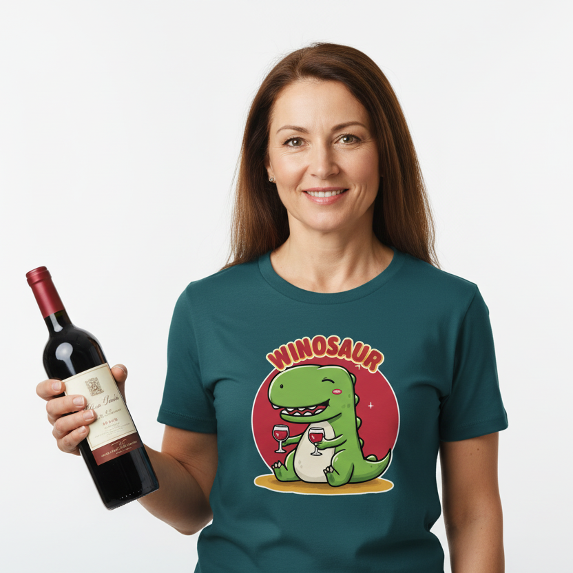 Woman wearing a teal t-shirt with a dinosaur graphic and 'WINOSAUR' text, holding a bottle of wine.
