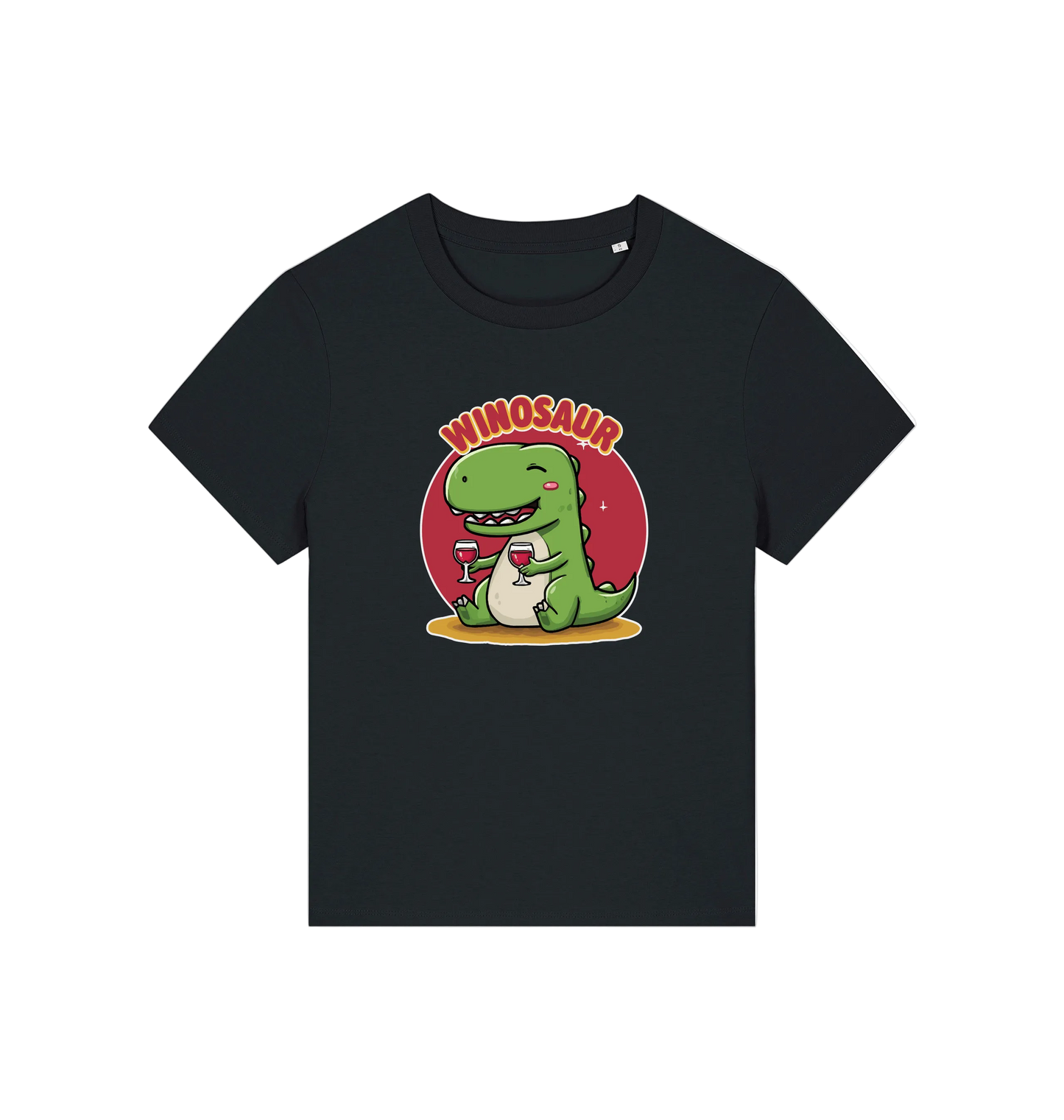Black funny graphic t-shirt with a cartoon dinosaur holding a wine glass and the word 'WINOSAUR' 