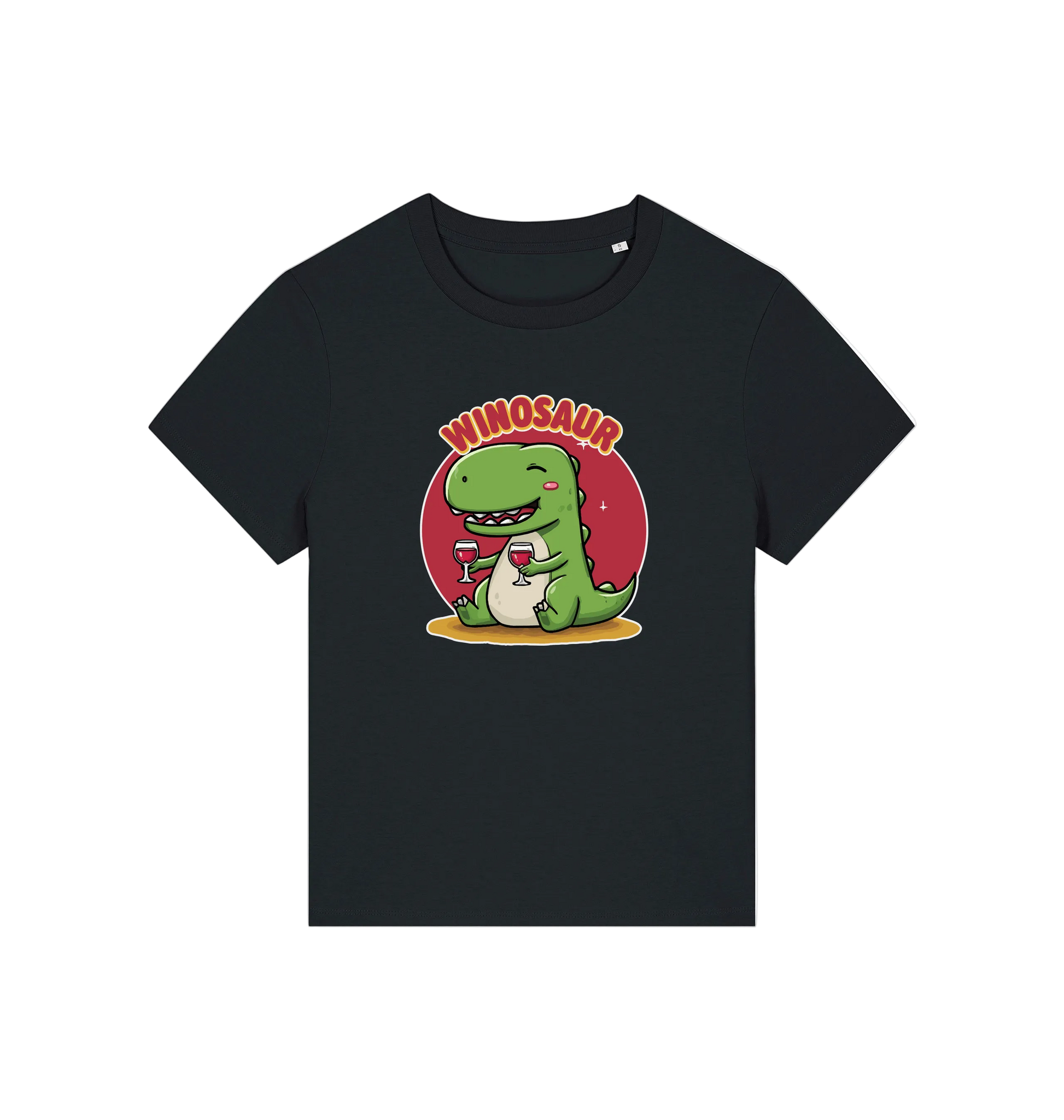 Black funny graphic t-shirt with a cartoon dinosaur holding a wine glass and the word 'WINOSAUR' 