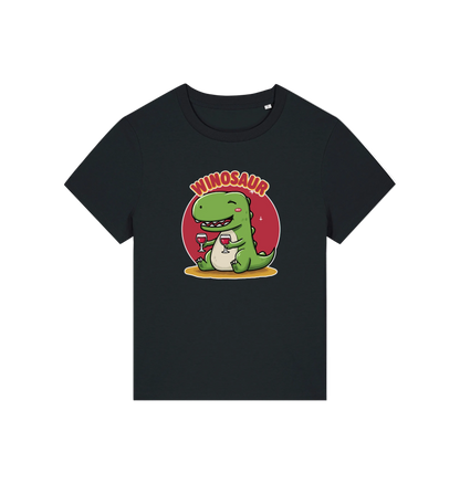 Black funny graphic t-shirt with a cartoon dinosaur holding a wine glass and the word 'WINOSAUR' 