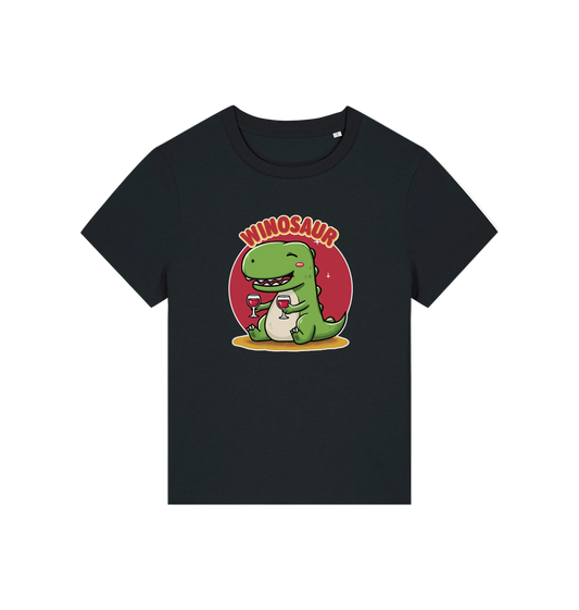 Black funny graphic t-shirt with a cartoon dinosaur holding a wine glass and the word 'WINOSAUR' 