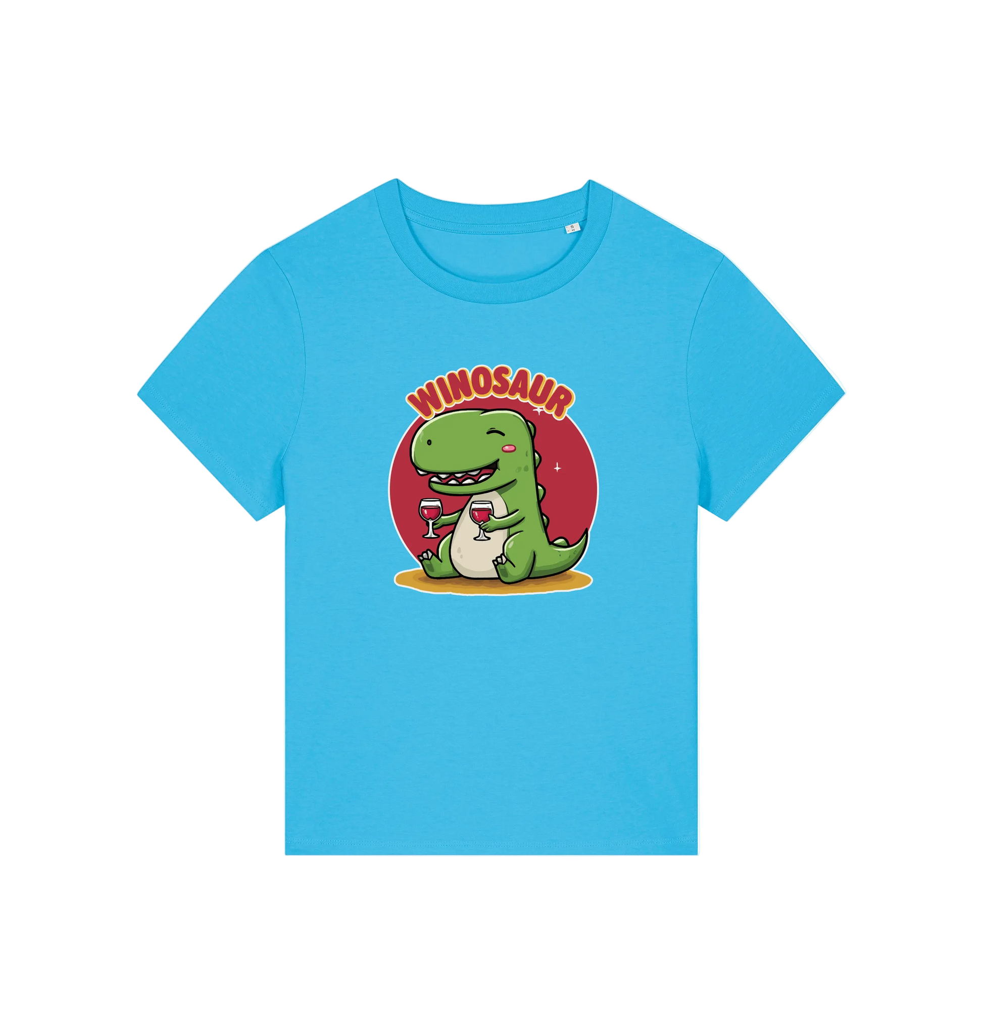 blue funny graphic t-shirt with a cartoon dinosaur holding a wine glass and the word 'WINOSAUR' 