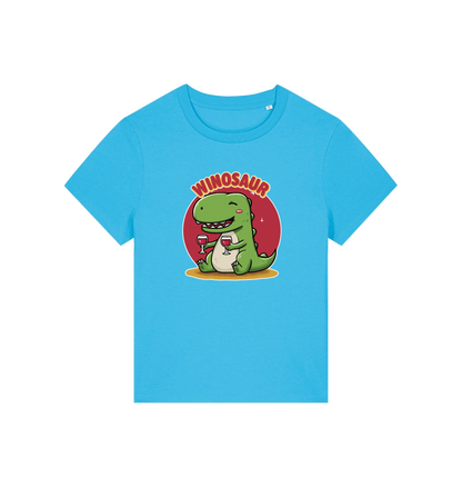 blue funny graphic t-shirt with a cartoon dinosaur holding a wine glass and the word 'WINOSAUR' 