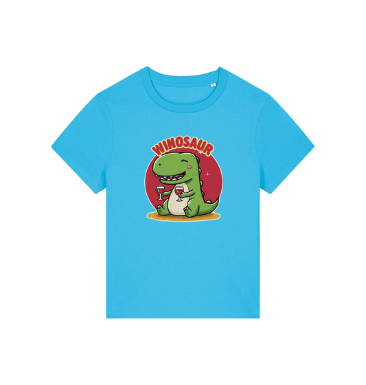 blue funny graphic t-shirt with a cartoon dinosaur holding a wine glass and the word 'WINOSAUR' 