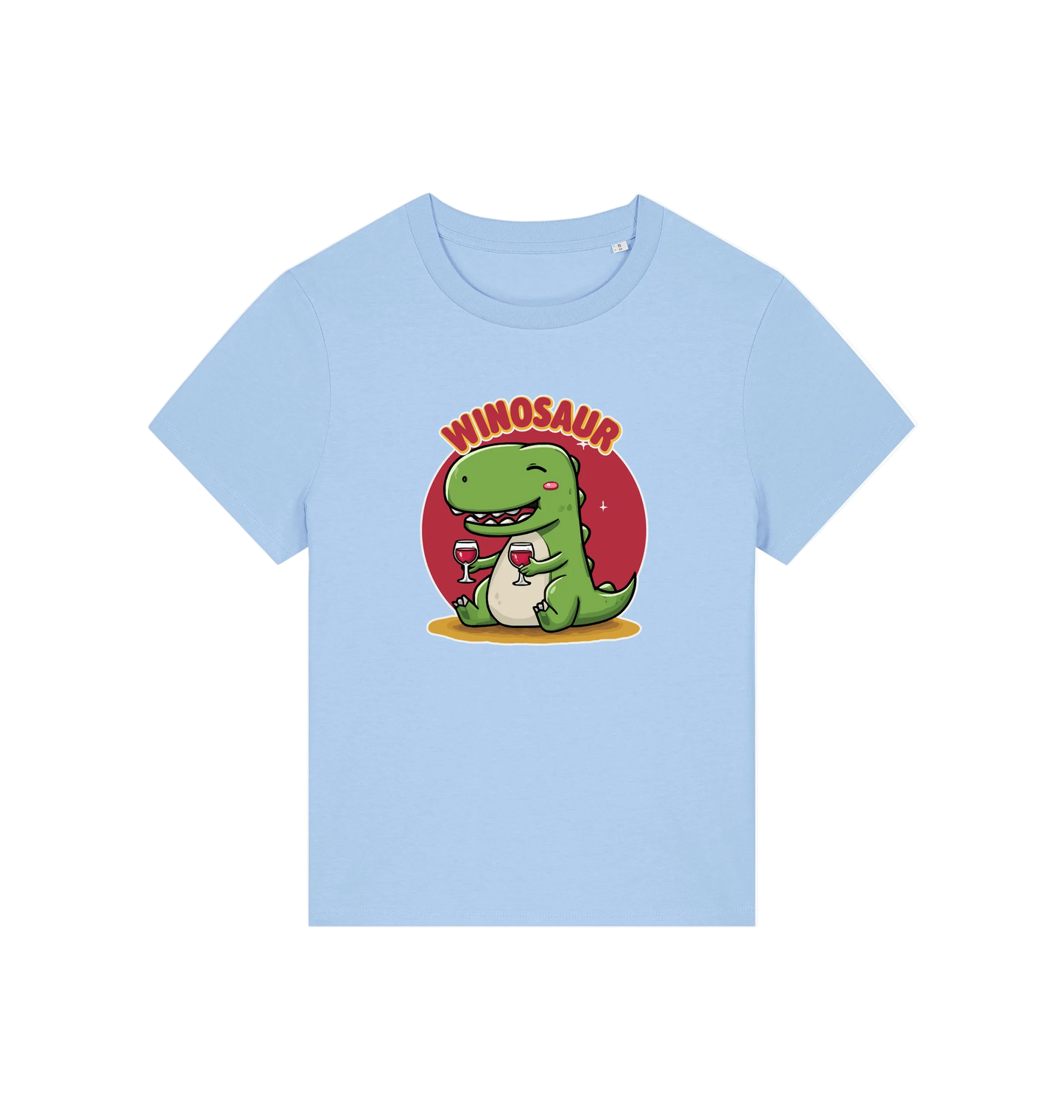 light blue funny graphic t-shirt with a cartoon dinosaur holding a wine glass and the word 'WINOSAUR' 