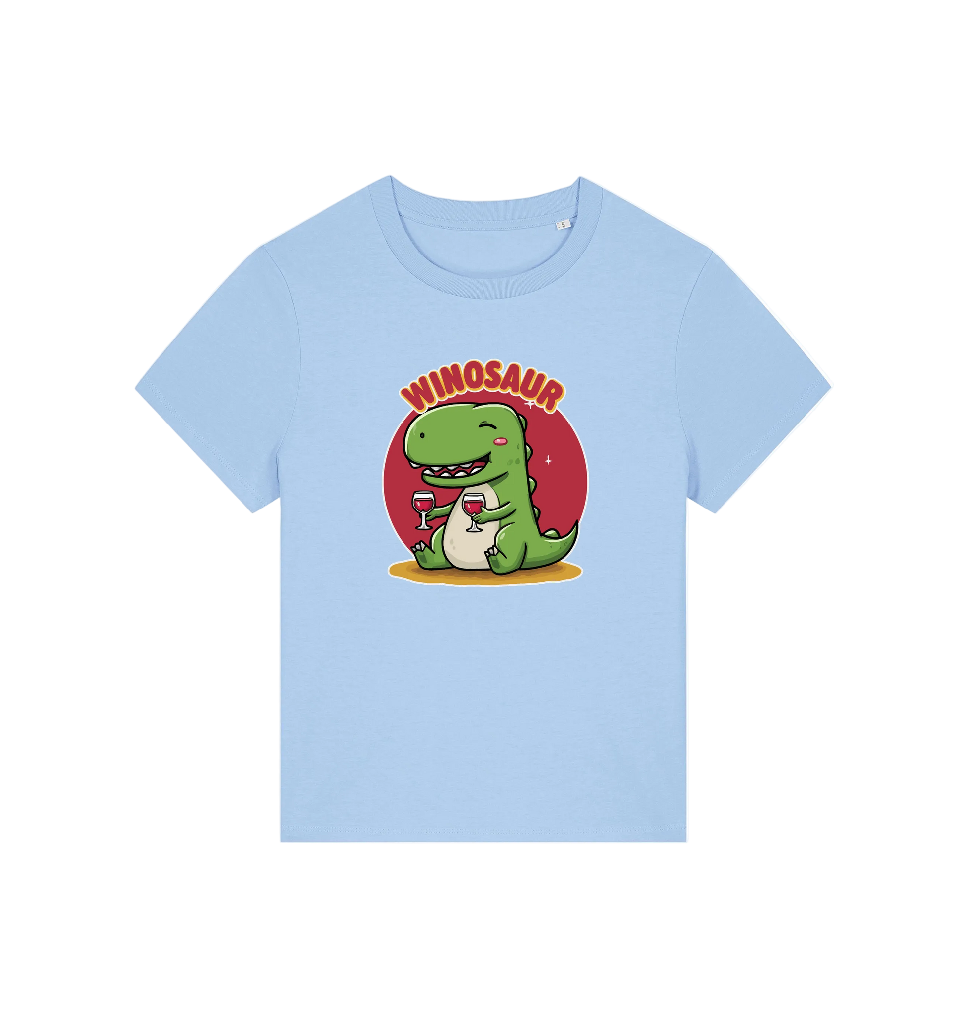 light blue funny graphic t-shirt with a cartoon dinosaur holding a wine glass and the word 'WINOSAUR' 