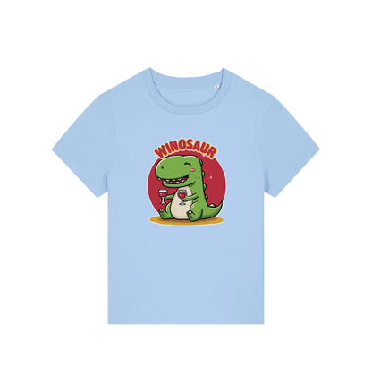 light blue funny graphic t-shirt with a cartoon dinosaur holding a wine glass and the word 'WINOSAUR' 