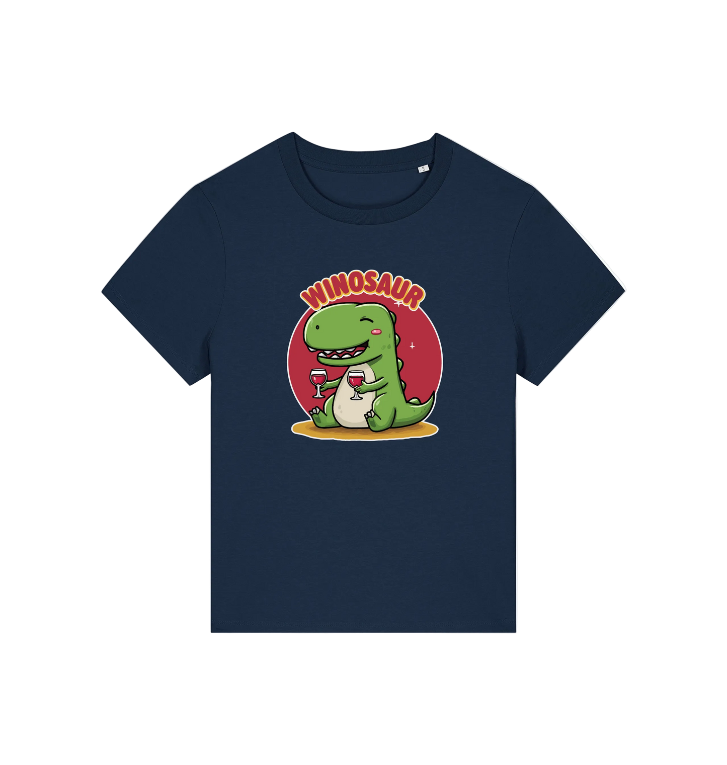 navy funny graphic t-shirt with a cartoon dinosaur holding a wine glass and the word 'WINOSAUR' 