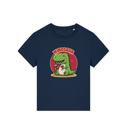 navy funny graphic t-shirt with a cartoon dinosaur holding a wine glass and the word 'WINOSAUR' 
