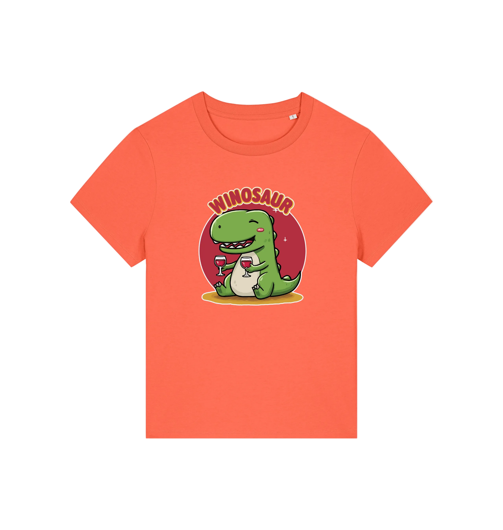 orange funny graphic t-shirt with a cartoon dinosaur holding a wine glass and the word 'WINOSAUR' 