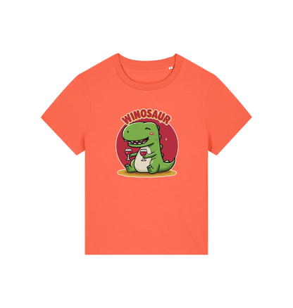 orange funny graphic t-shirt with a cartoon dinosaur holding a wine glass and the word 'WINOSAUR' 