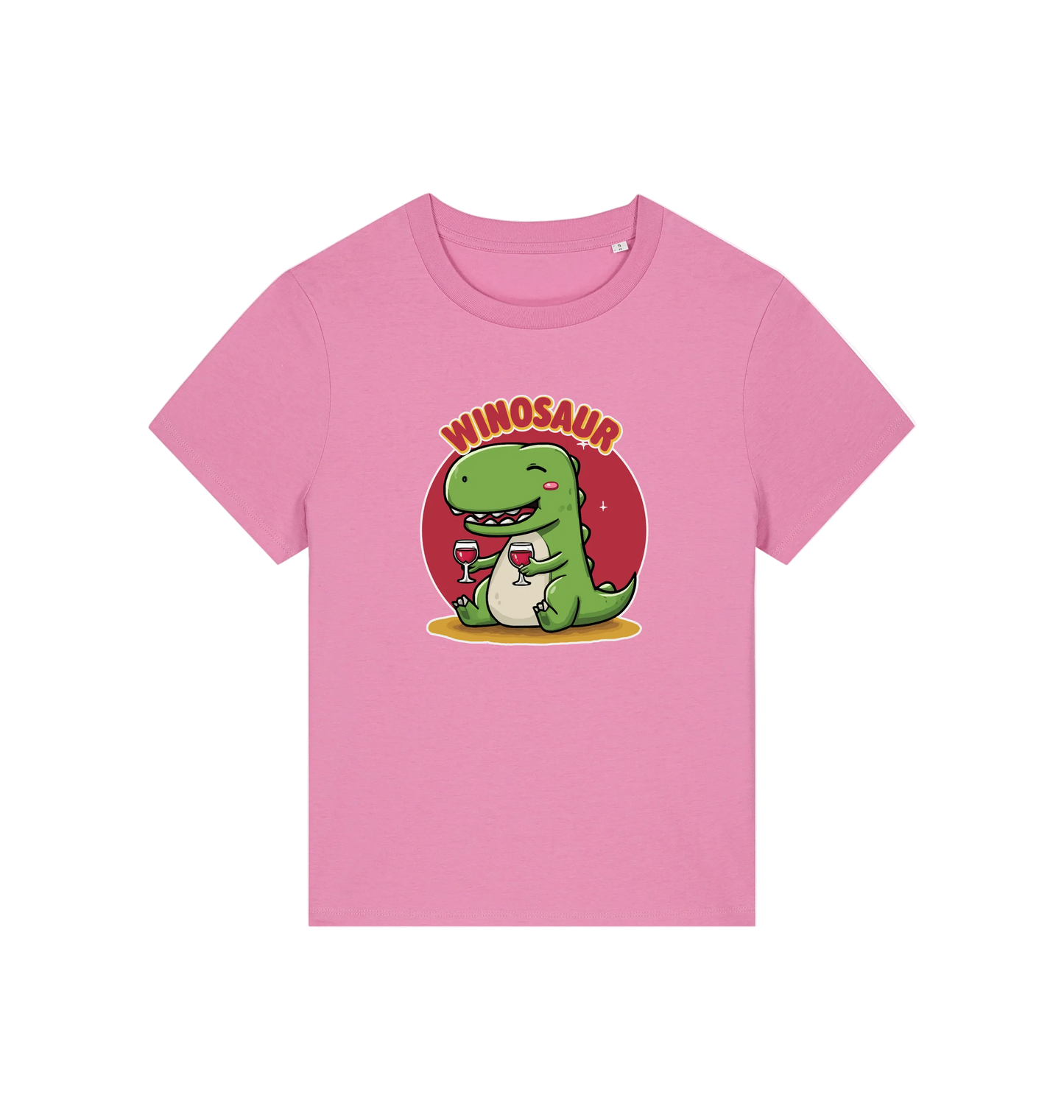 pink funny graphic t-shirt with a cartoon dinosaur holding a wine glass and the word 'WINOSAUR' 