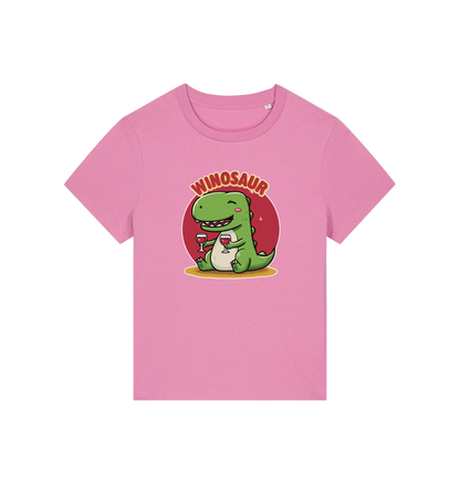 pink funny graphic t-shirt with a cartoon dinosaur holding a wine glass and the word 'WINOSAUR' 