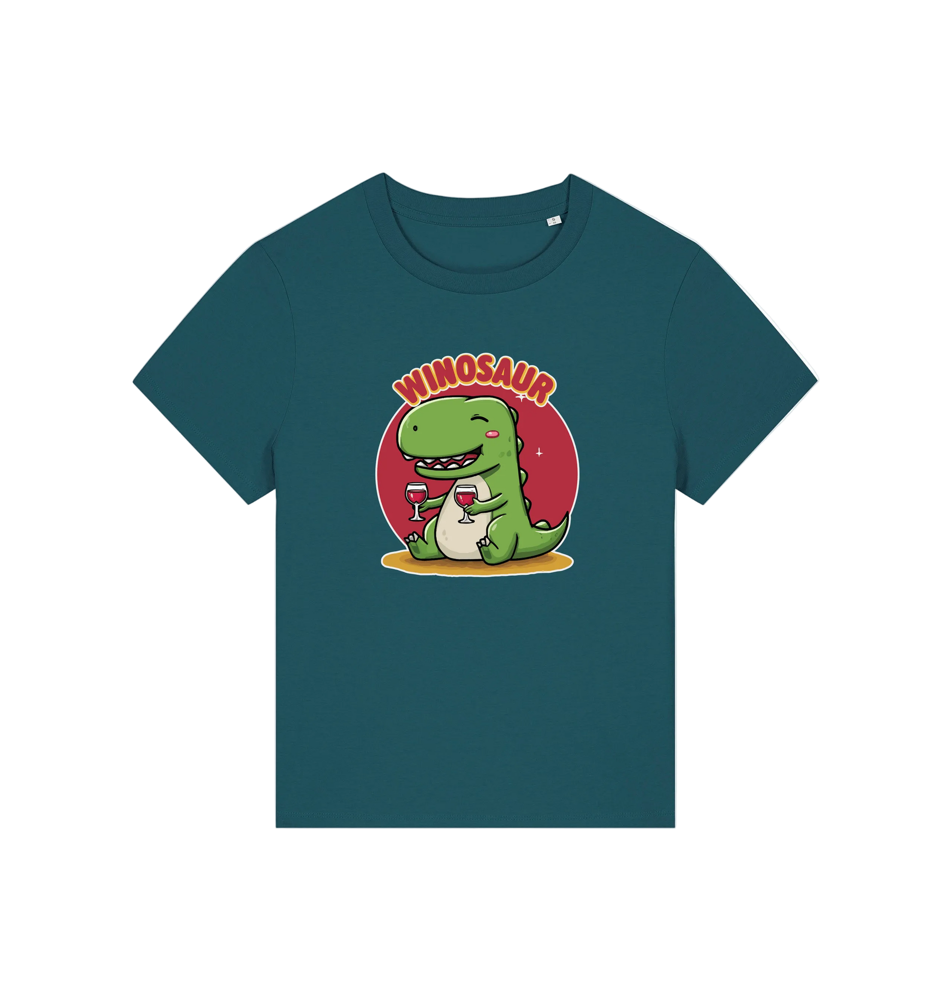 teal funny graphic t-shirt with a cartoon dinosaur holding a wine glass and the word 'WINOSAUR' 