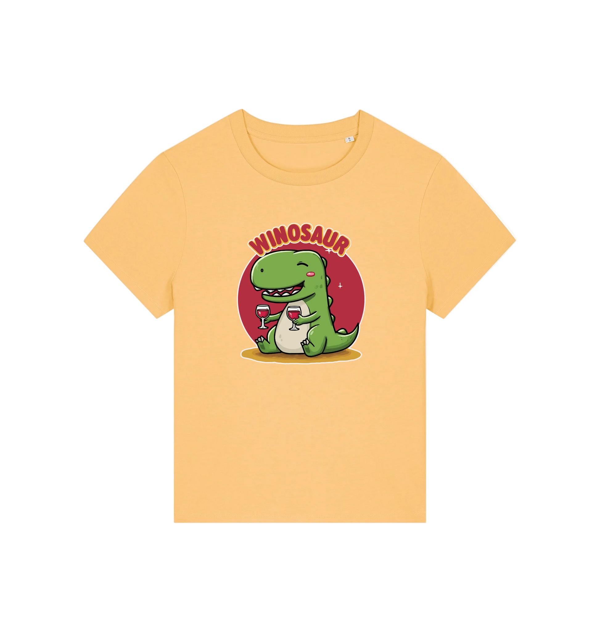yellow funny graphic t-shirt with a cartoon dinosaur holding a wine glass and the word 'WINOSAUR' 