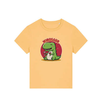 yellow funny graphic t-shirt with a cartoon dinosaur holding a wine glass and the word 'WINOSAUR' 