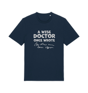 navy funny slogan t-shirt with squiggles and the slogan 'a wise doctor once wrote'