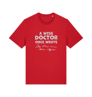 red funny slogan t-shirt with squiggles and the slogan 'a wise doctor once wrote'