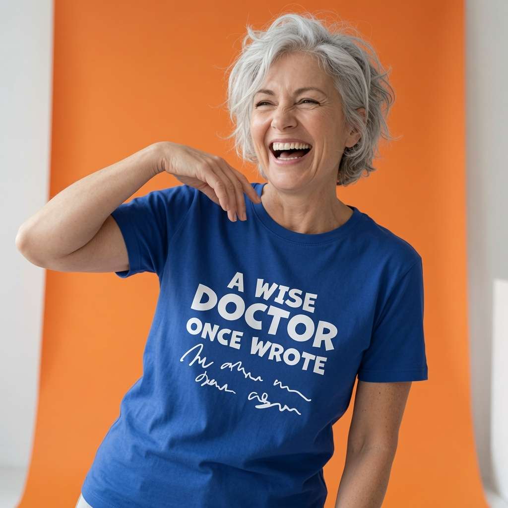 Woman laughing with one hand near her collar while wearing a blue A Wise Doctor Once Wrote t-shirt, humorous ladies doctor slogan design that every no-nonsense lady will claim