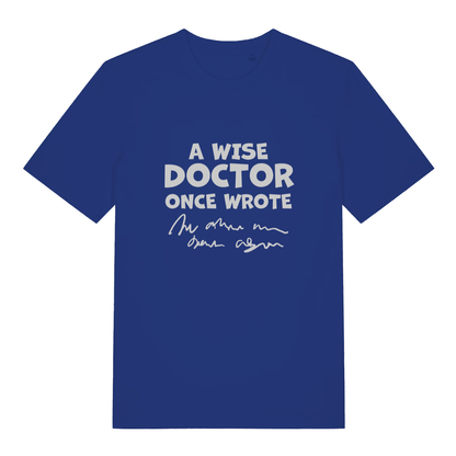 Blue Wise Doctor women’s funny slogan t-shirt featuring illegible medical scribble print  