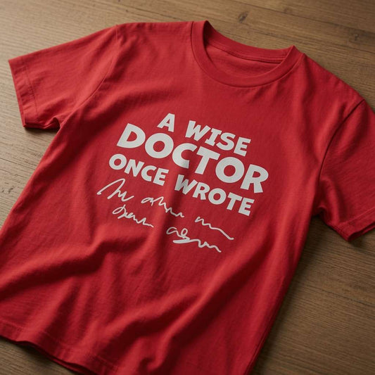 Red A Wise Doctor Once Wrote t-shirt laid flat on a wooden surface showing the full slogan and signature, funny ladies doctor joke slogan design full of pure attitude