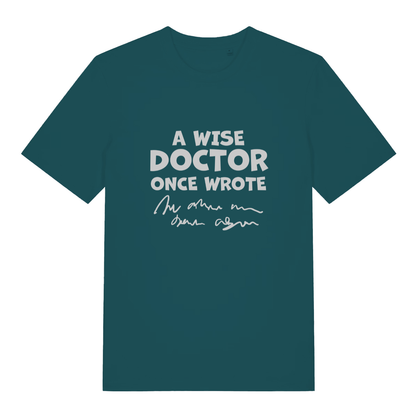 Stargazer Wise Doctor women’s funny slogan t-shirt with classic prescription handwriting design  