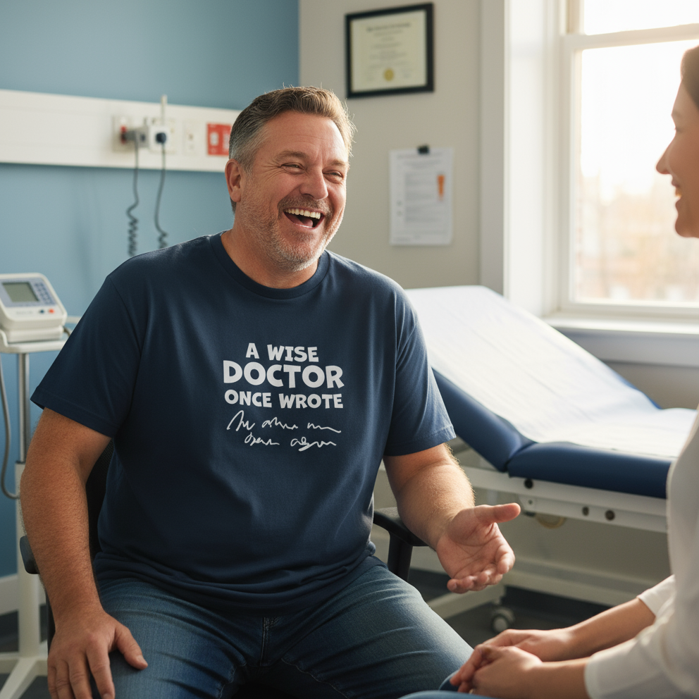 Man in a hospital room wearing a t-shirt with humorous text, laughing with a healthcare professional.