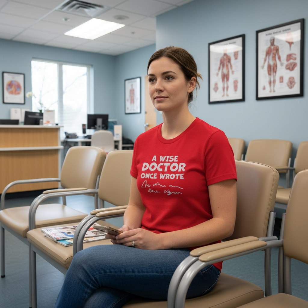 Woman in a red shirt sitting in a medical office waiting room.