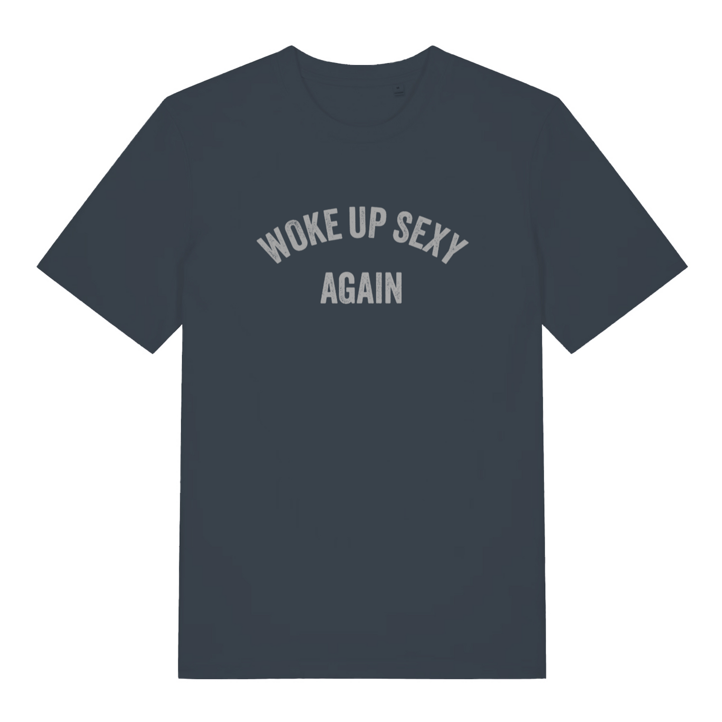ink grey slogan t-shirt with the text 'woke up sexy again'