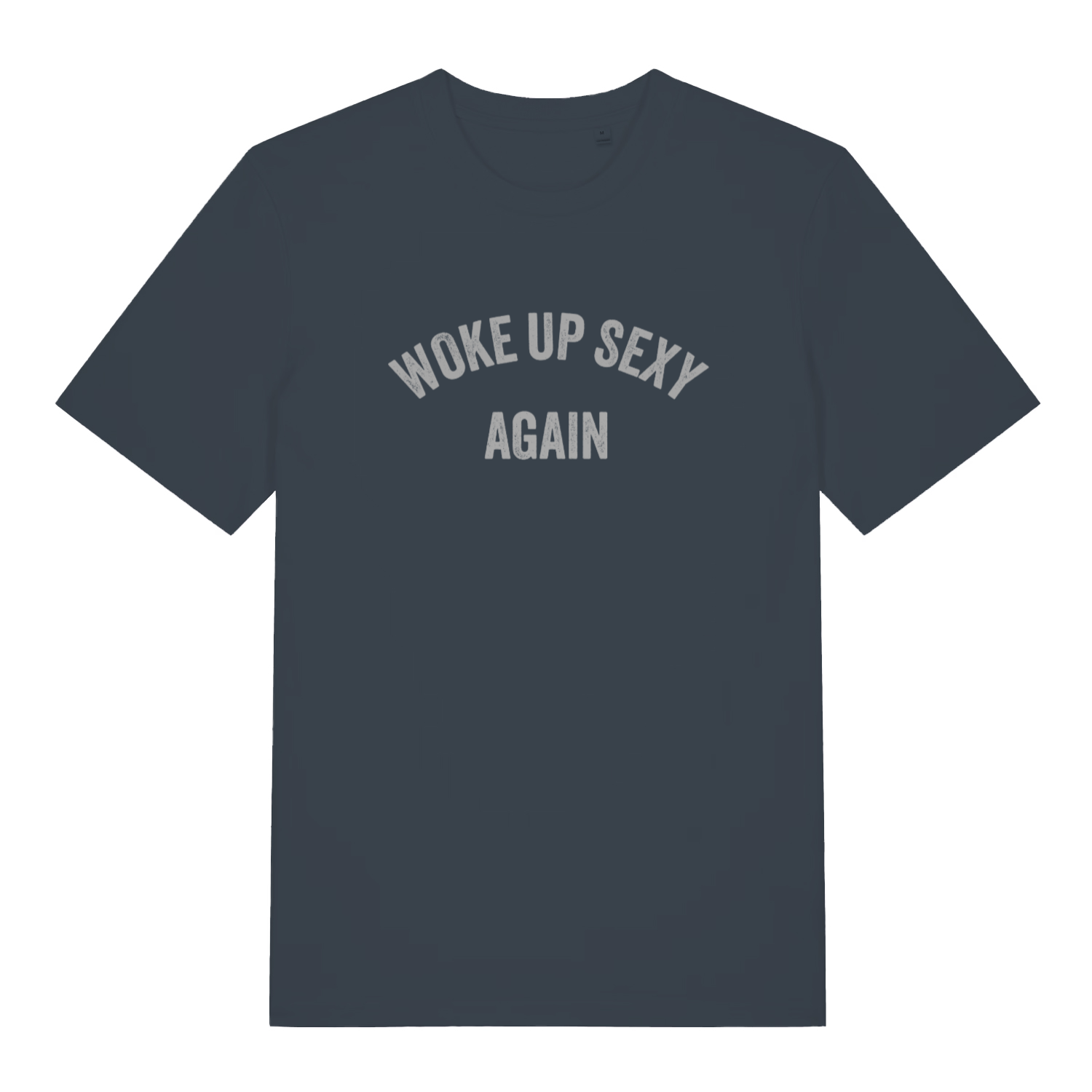 ink grey slogan t-shirt with the text 'woke up sexy again'