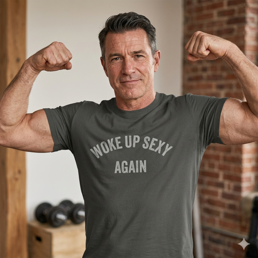 Man flexing his muscles wearing a t-shirt with 'Woke Up Sexy Again' text in a gym setting.