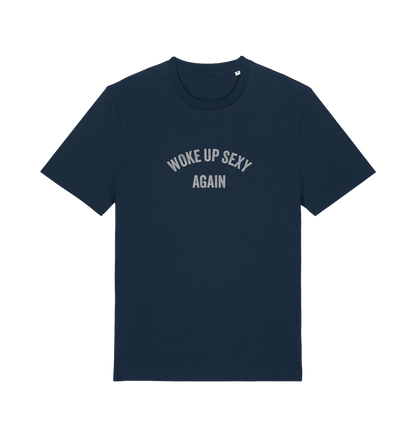 navy funny slogan t-shirt with 'woke up sexy again'