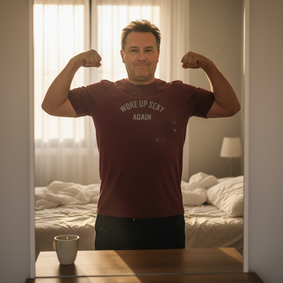 Man flexing muscles in a room with a bed and lamp in the background
