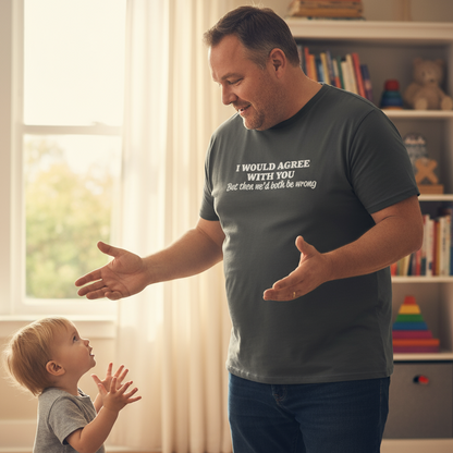 Man and child playing together in a room with books and toys.