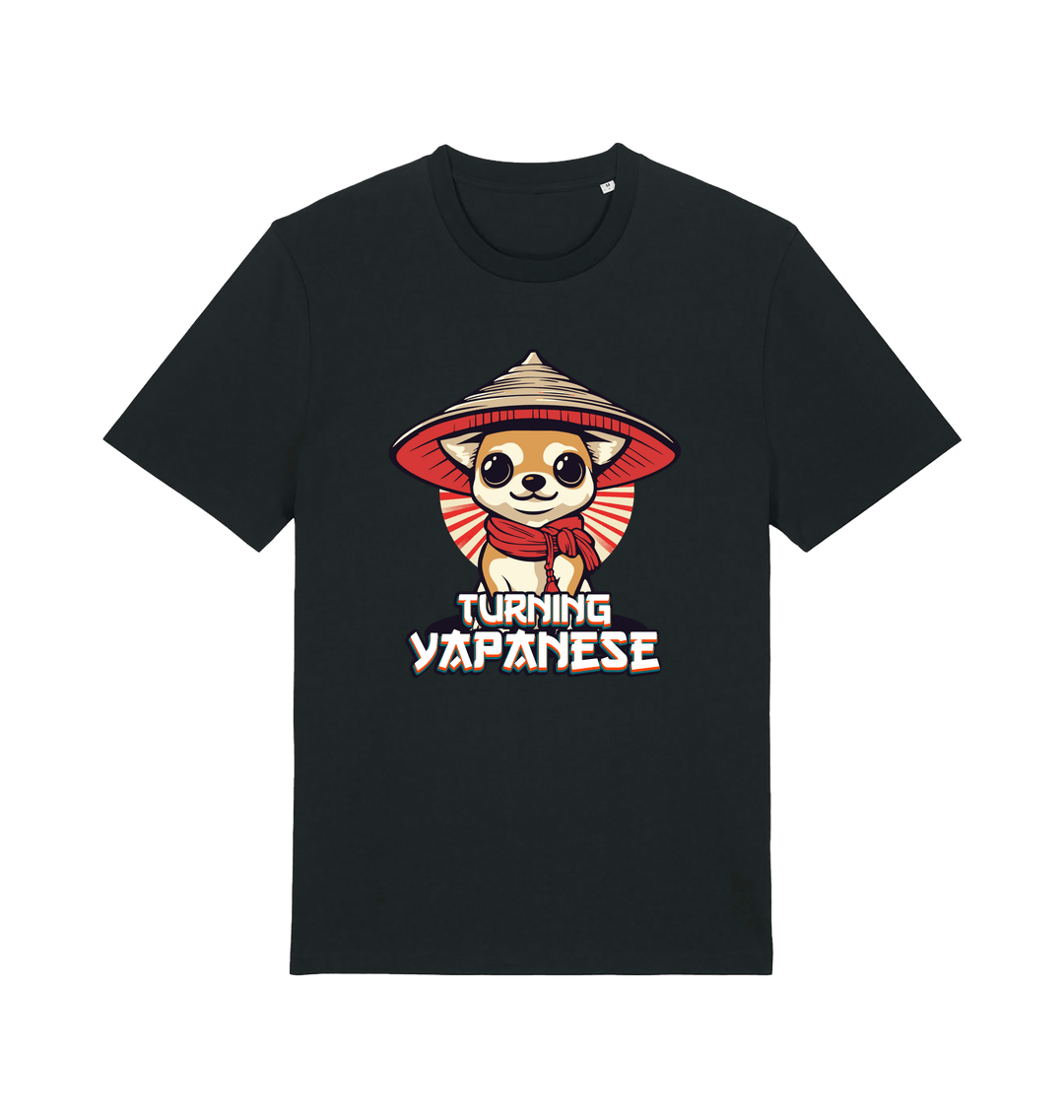 black funny animal t-shirt with the graphic of a dog in a japanese hat and the slogan 'turning yapanese'